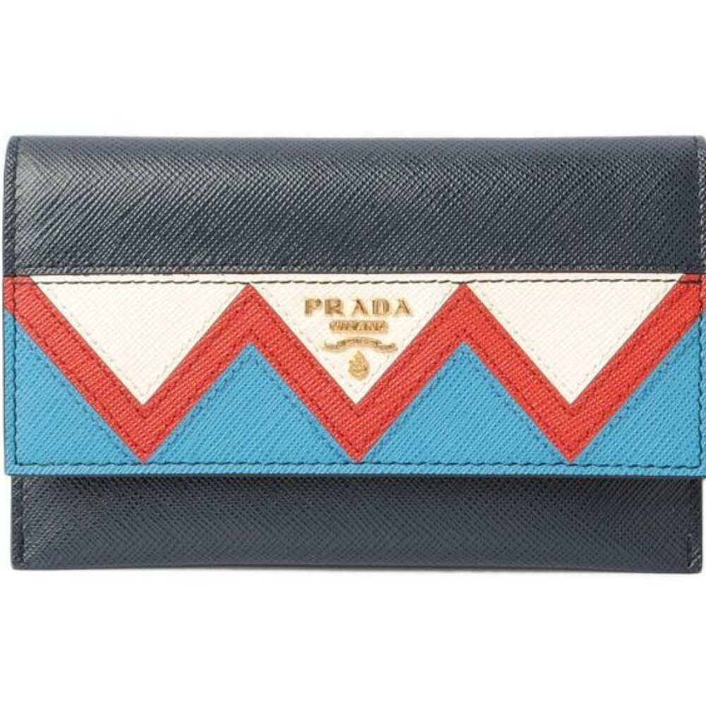 Prada Card Case Fold Wallet 1 Mc004 Saffiano Greche Shape Pressed Leather